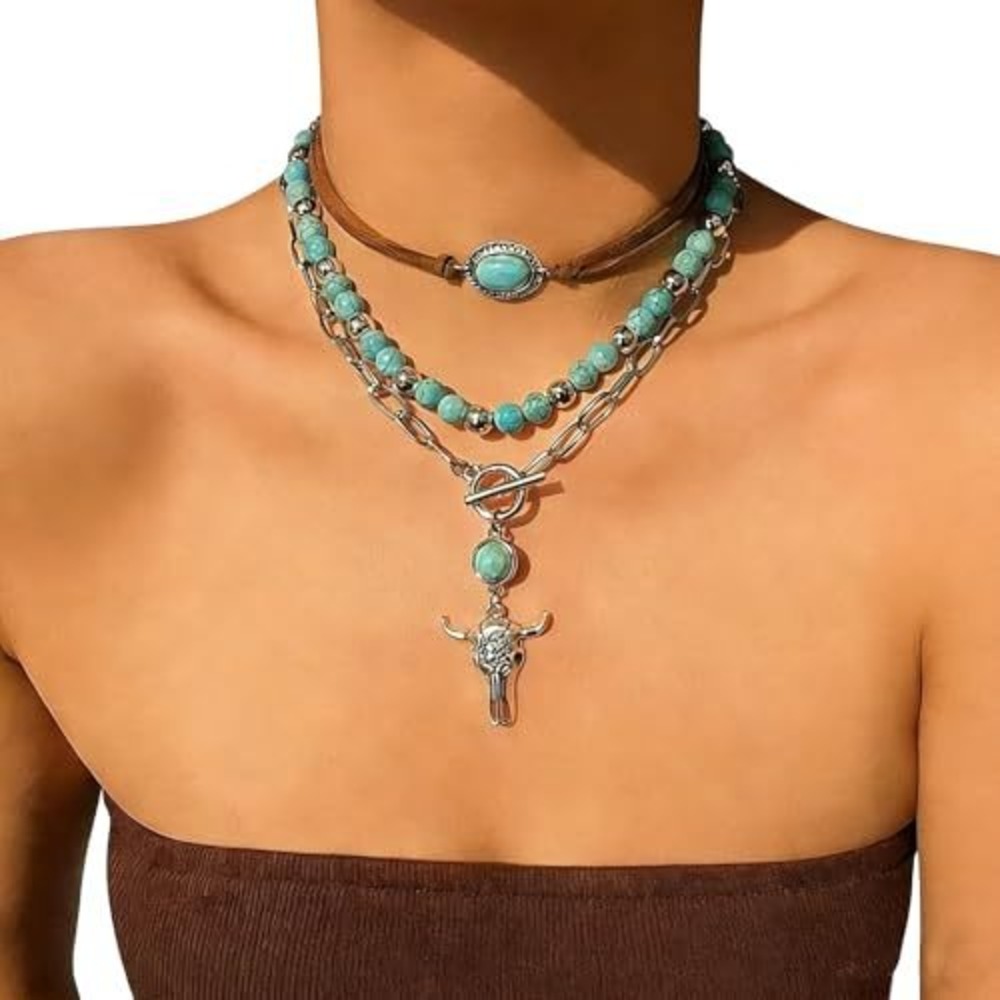 Boho Western Turquoise Layered Necklace Set Bull Skull Pendant Silver‎ Tone Boho - Picture 2 of 3